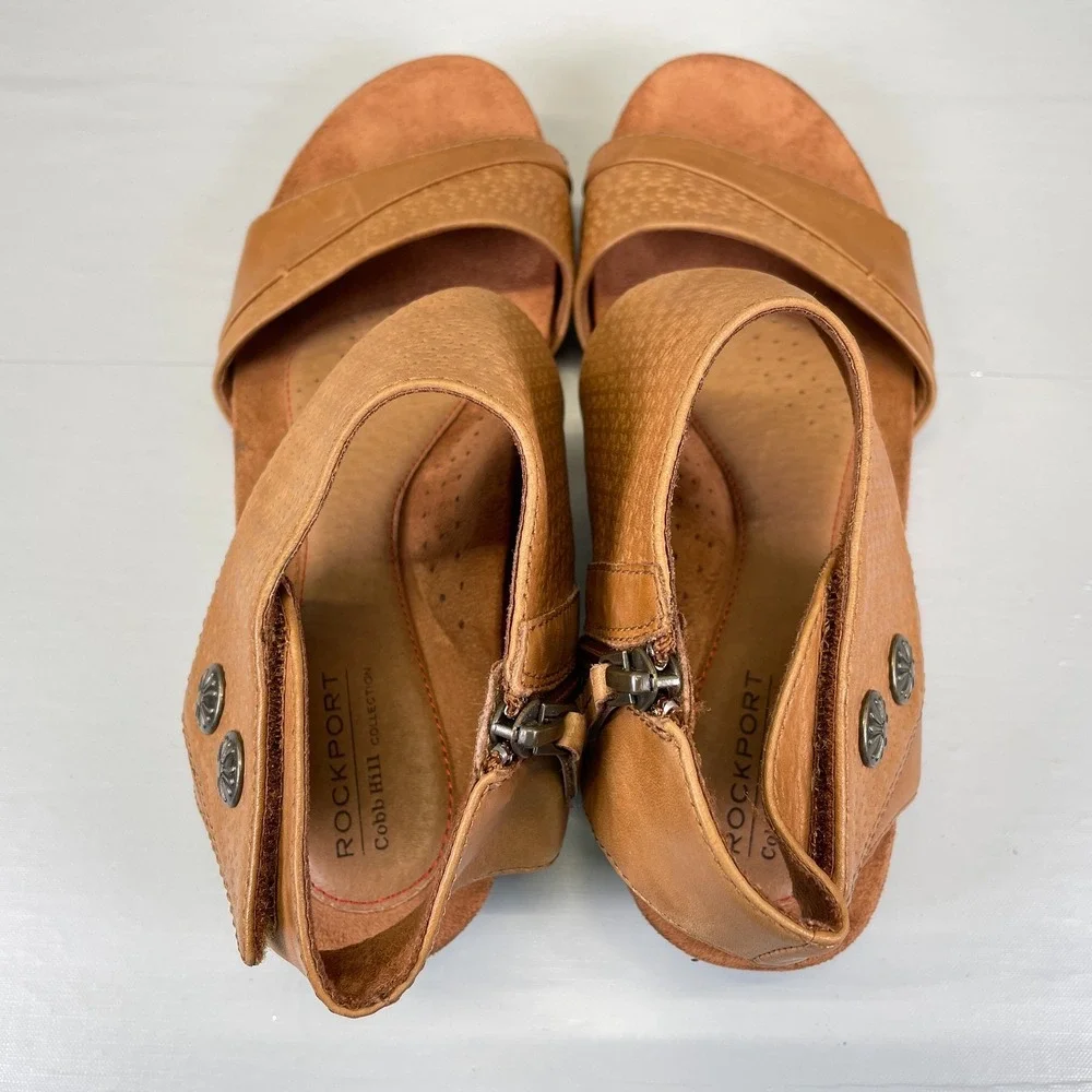 Rockport Cobb Hill Hollywood Wedge Sandals Womens Size 9 M Brown Leather Shoes